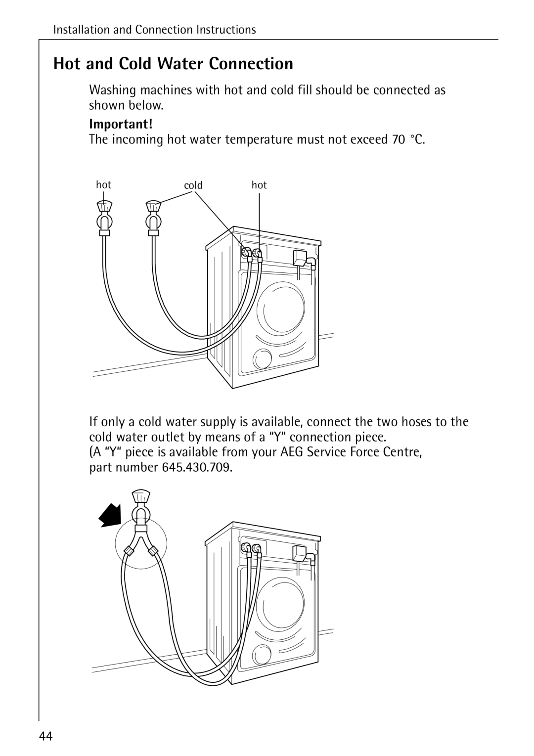 Electrolux 50520 manual Hot and Cold Water Connection 