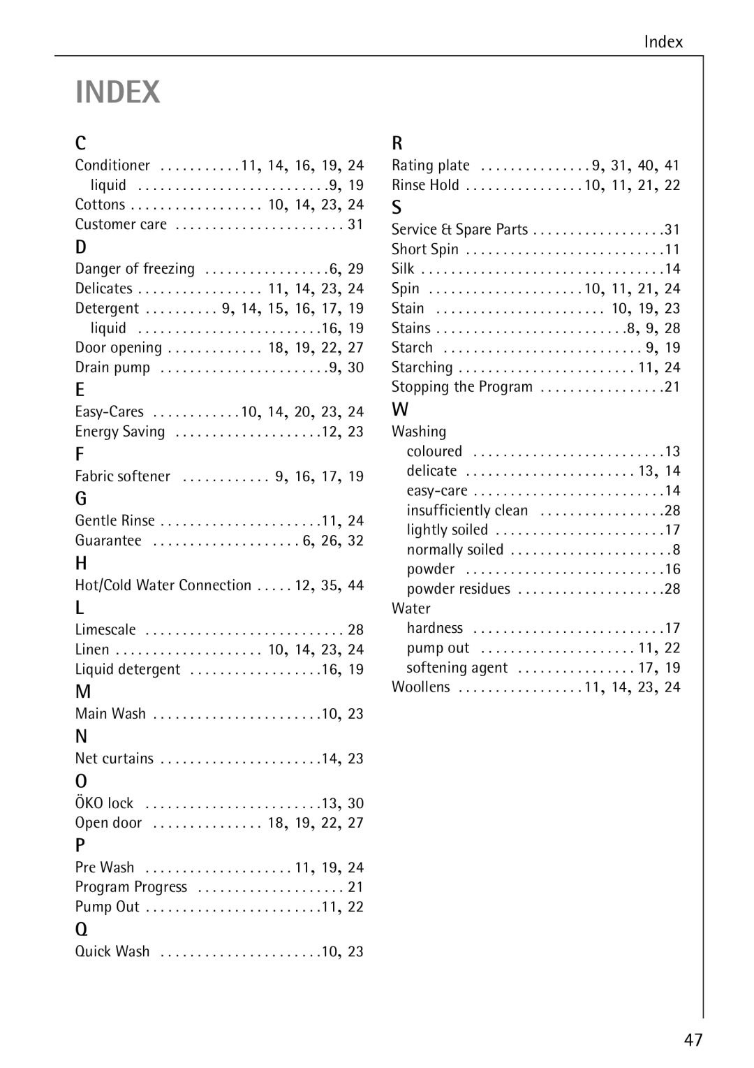 Electrolux 50520 manual Index 