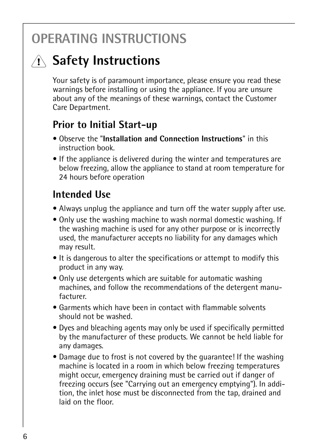 Electrolux 50520 manual Safety Instructions, Prior to Initial Start-up, Intended Use 