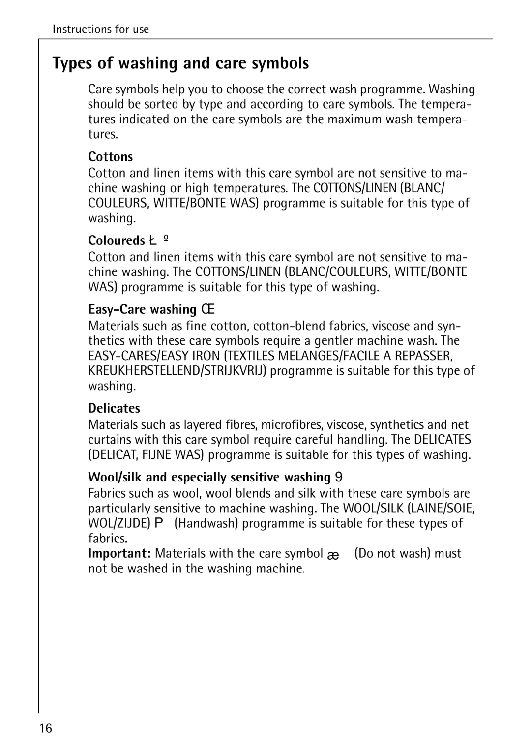 Electrolux 50550 manual Types of washing and care symbols 