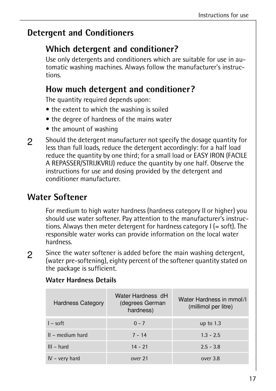 Electrolux 50550 manual Detergent and Conditioners Which detergent and conditioner?, How much detergent and conditioner? 