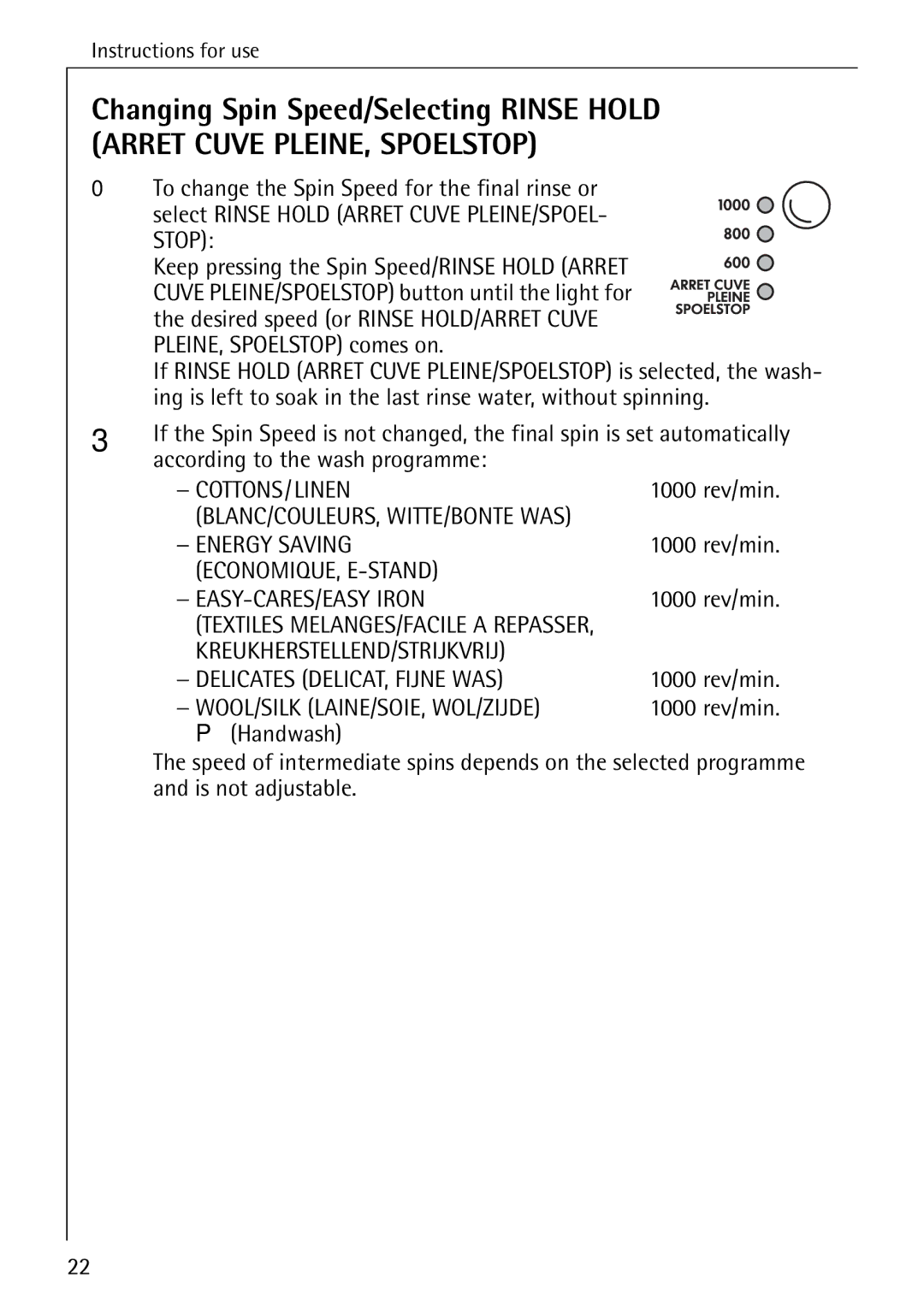 Electrolux 50550 manual To change the Spin Speed for the final rinse or, PLEINE, Spoelstop comes on 