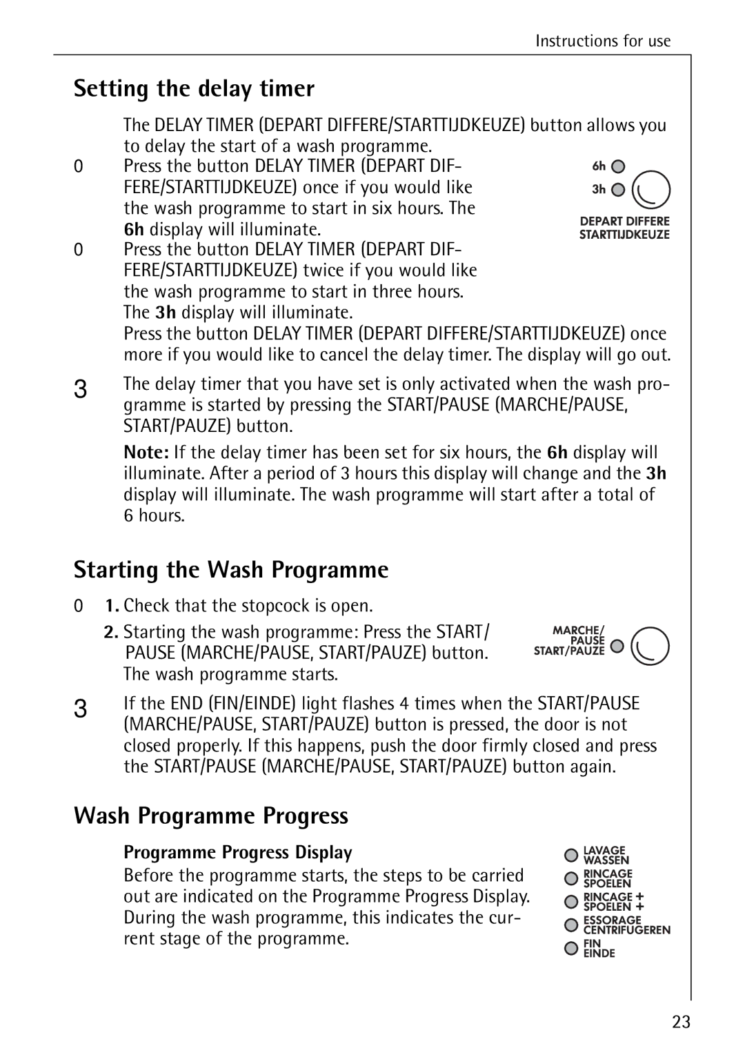 Electrolux 50550 Setting the delay timer, Starting the Wash Programme, Wash Programme Progress, Programme Progress Display 