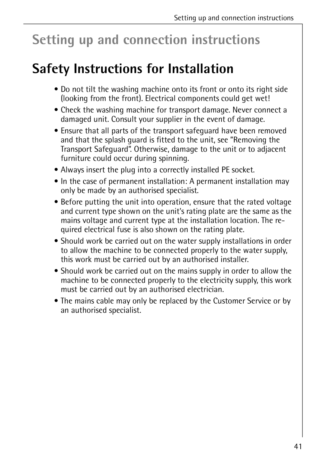 Electrolux 50550 manual Setting up and connection instructions, Safety Instructions for Installation 