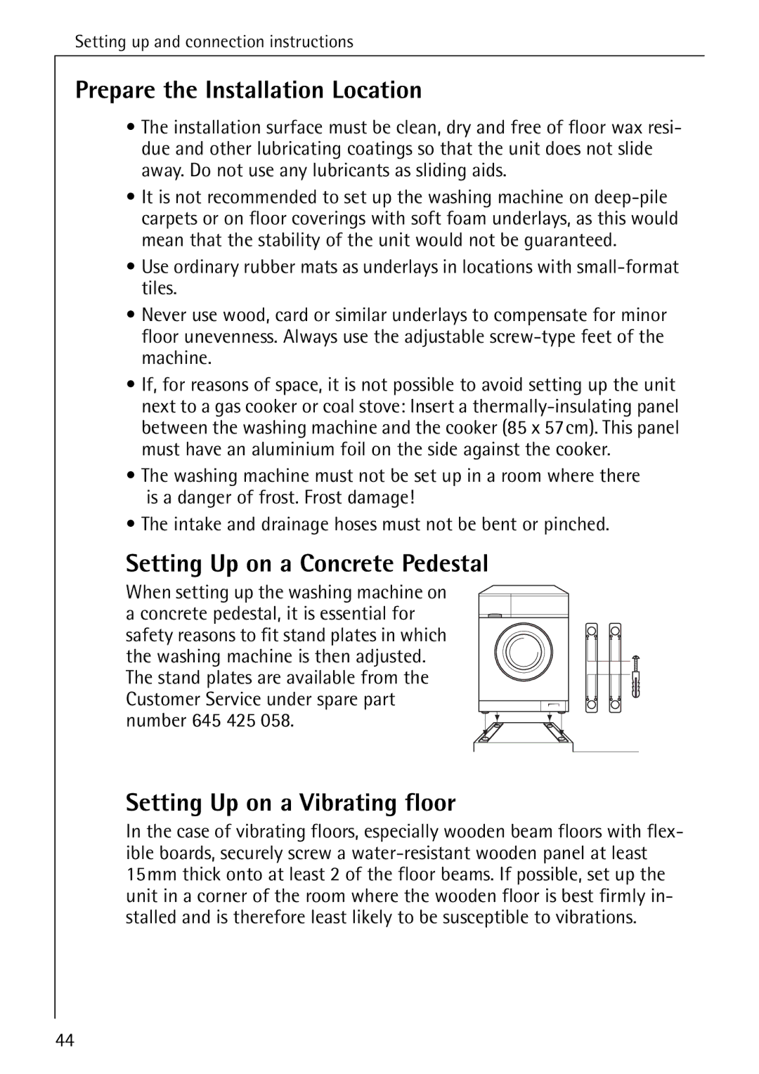 Electrolux 50550 Prepare the Installation Location, Setting Up on a Concrete Pedestal, Setting Up on a Vibrating floor 