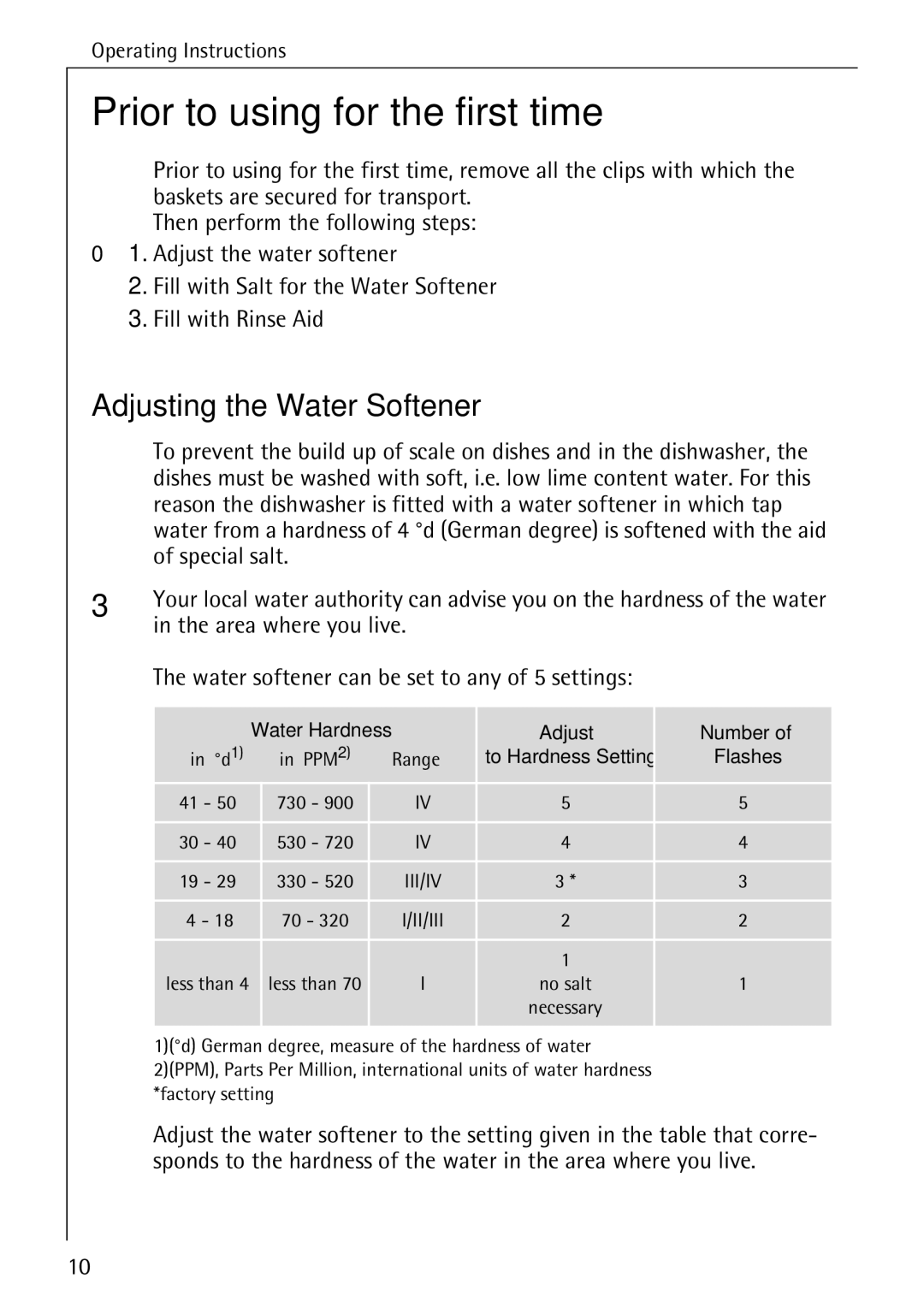 Electrolux 50610 manual Prior to using for the first time, Adjusting the Water Softener, Special salt, Area where you live 