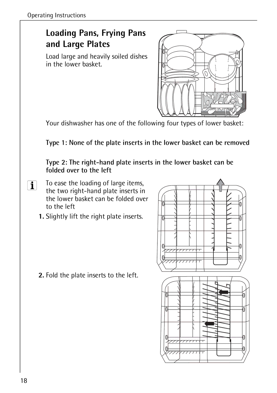 Electrolux 50610 manual Loading Pans, Frying Pans Large Plates, Load large and heavily soiled dishes in the lower basket 