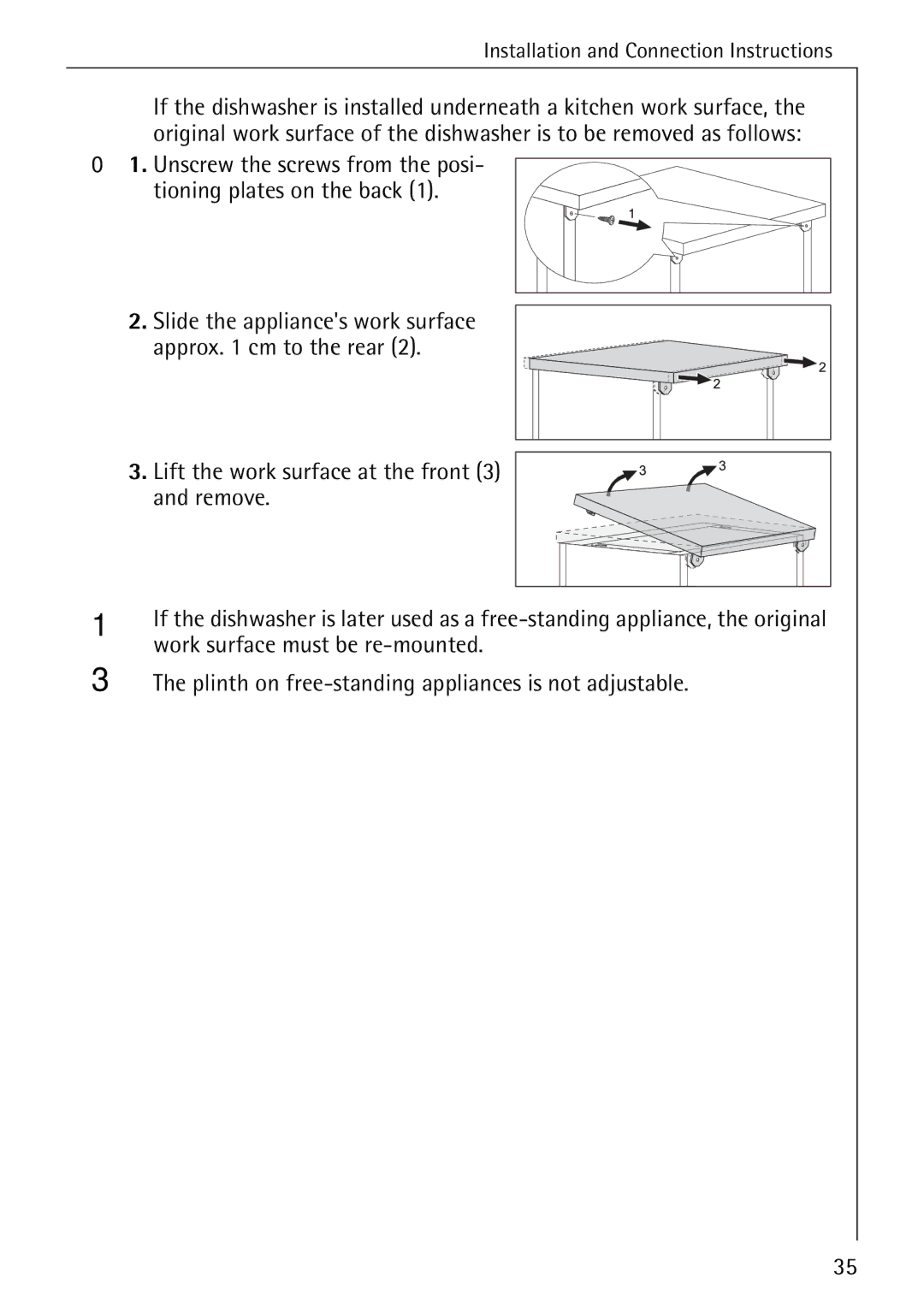 Electrolux 50610 manual Work surface must be re-mounted, Plinth on free-standing appliances is not adjustable 