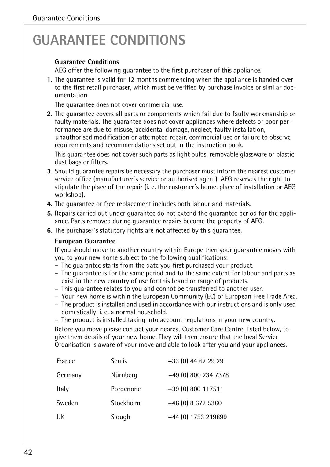 Electrolux 50610 manual Guarantee Conditions 