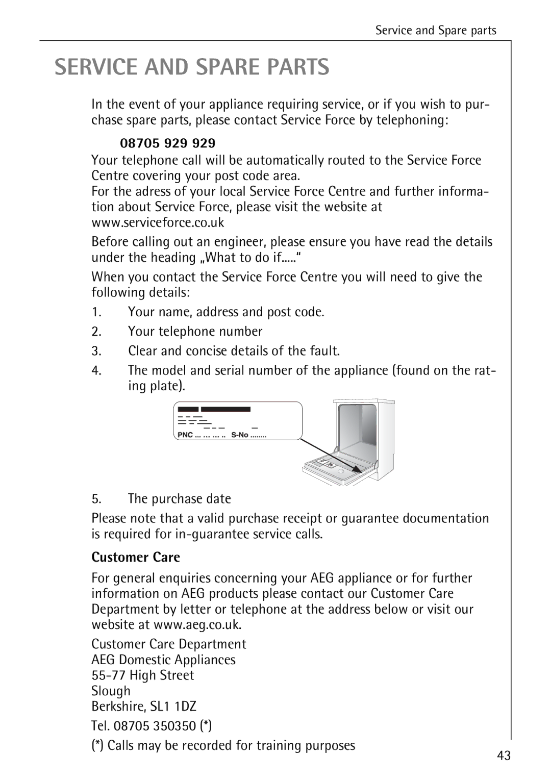 Electrolux 50610 manual 08705 929, Customer Care, Calls may be recorded for training purposes 