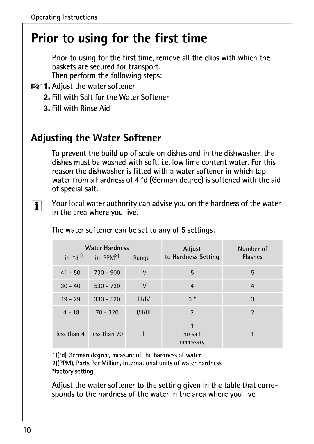 Electrolux 50610 manual Prior to using for the first time, Adjusting the Water Softener 
