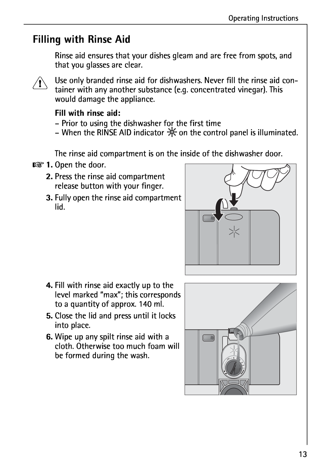 Electrolux 50610 manual Filling with Rinse Aid, Fill with rinse aid 