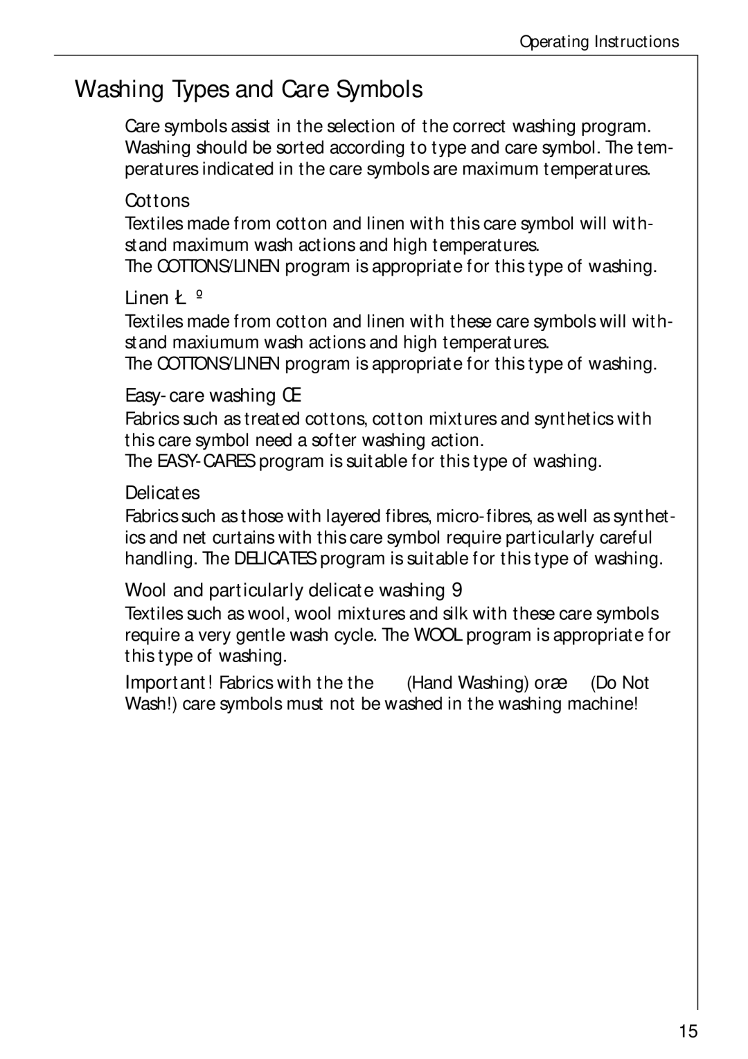 Electrolux 50620 manual Washing Types and Care Symbols 