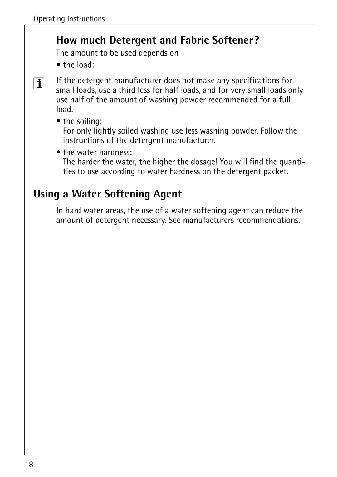 Electrolux 50620 manual How much Detergent and Fabric Softener?, Using a Water Softening Agent 