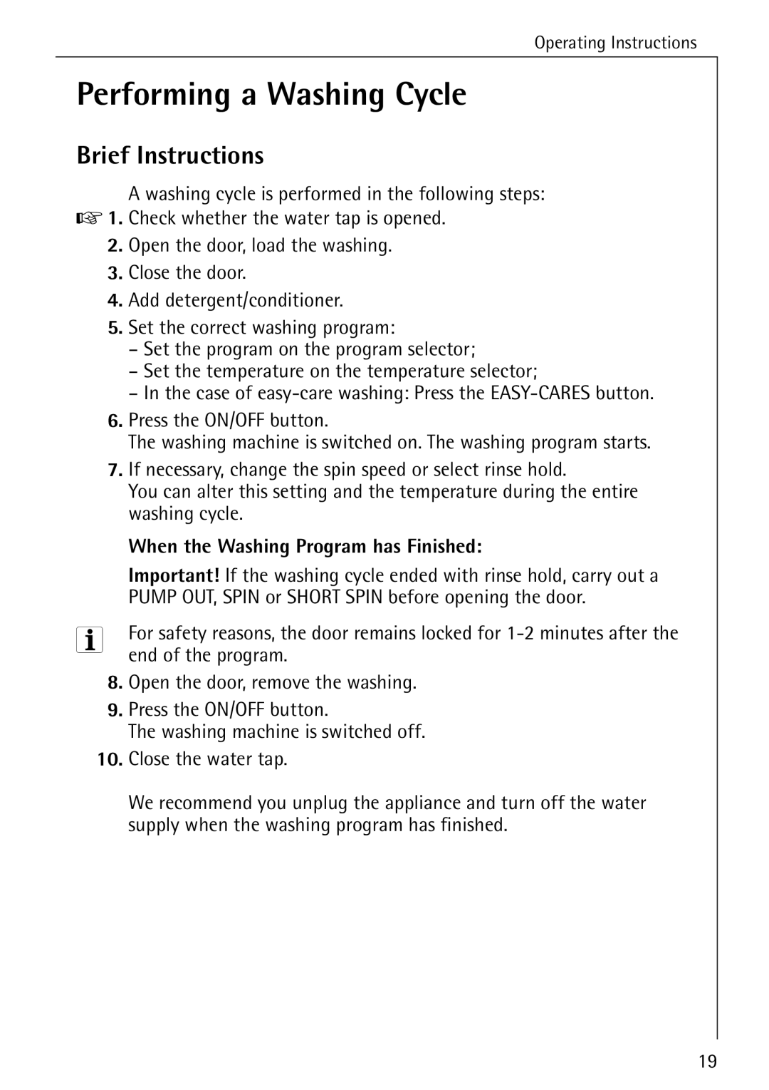 Electrolux 50620 manual Performing a Washing Cycle, Brief Instructions 