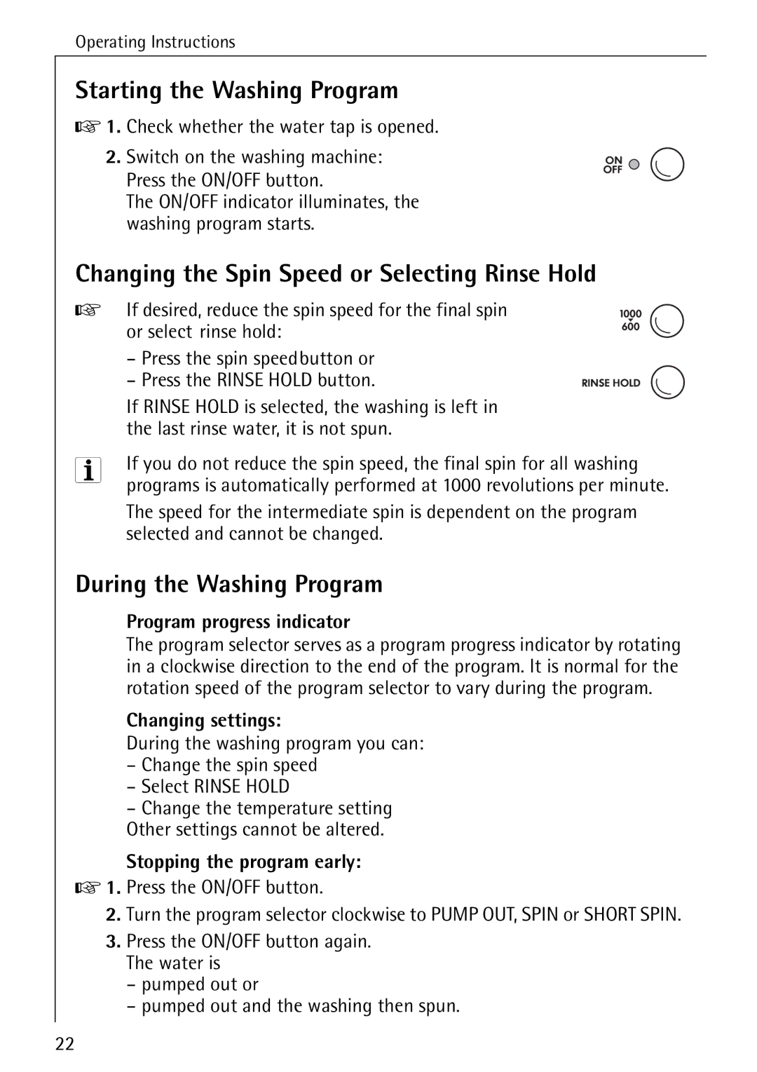 Electrolux 50620 Starting the Washing Program, Changing the Spin Speed or Selecting Rinse Hold, During the Washing Program 