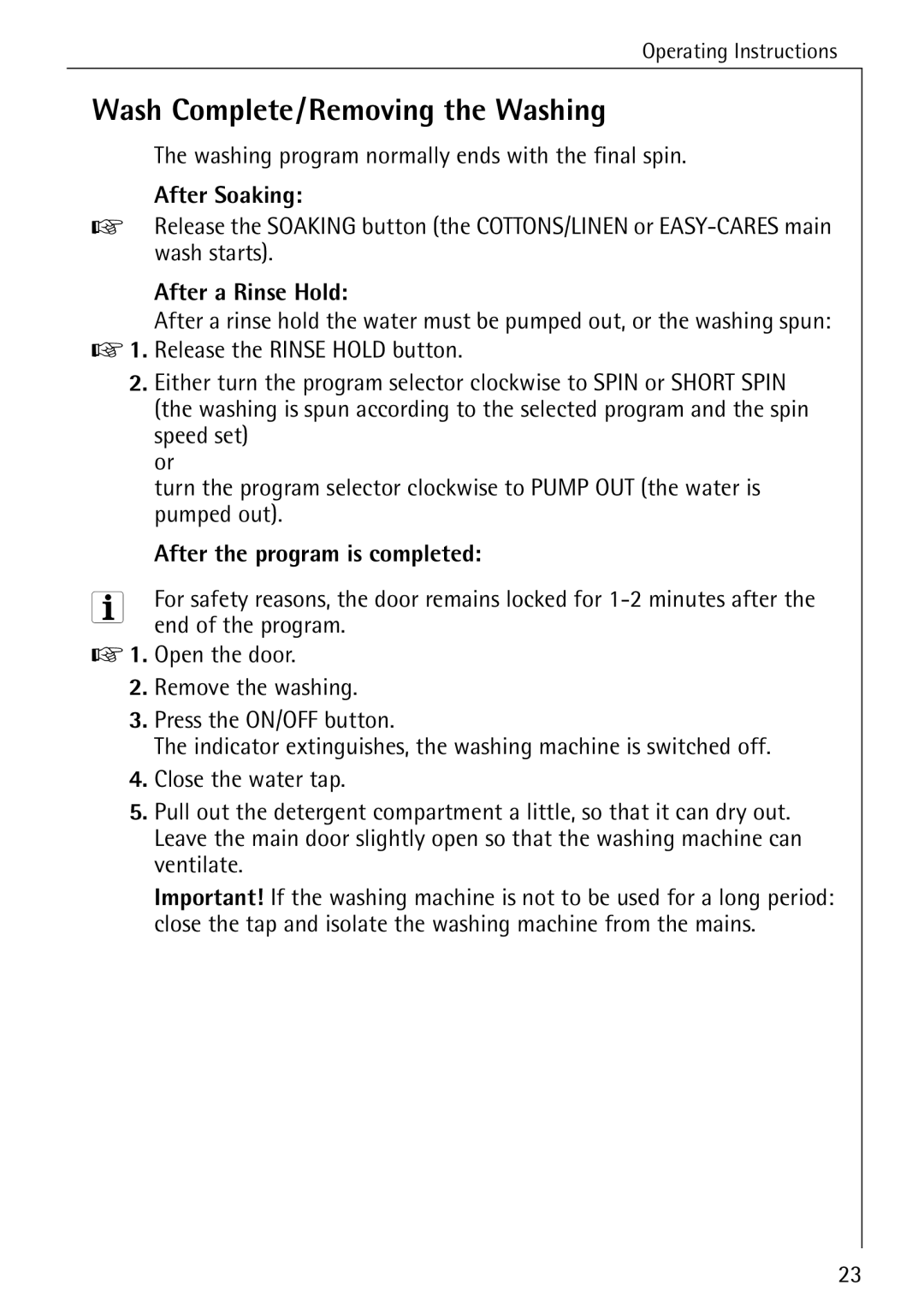 Electrolux 50620 manual Wash Complete/Removing the Washing 