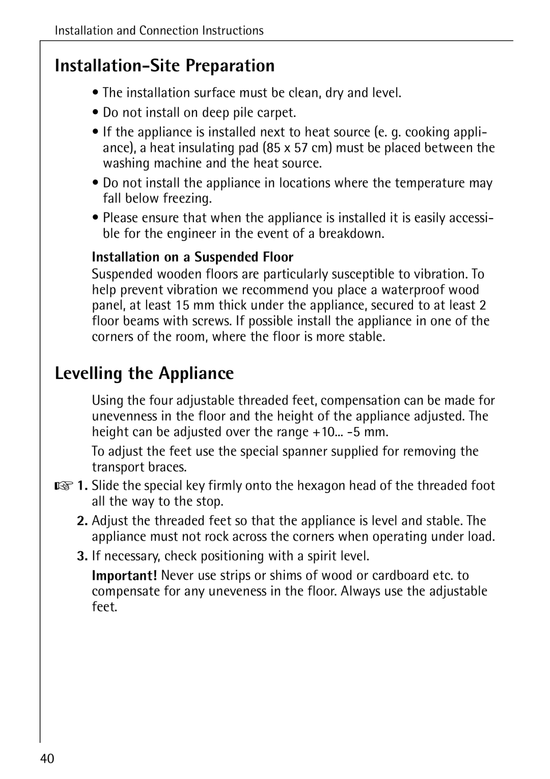 Electrolux 50620 manual Installation-Site Preparation, Levelling the Appliance 