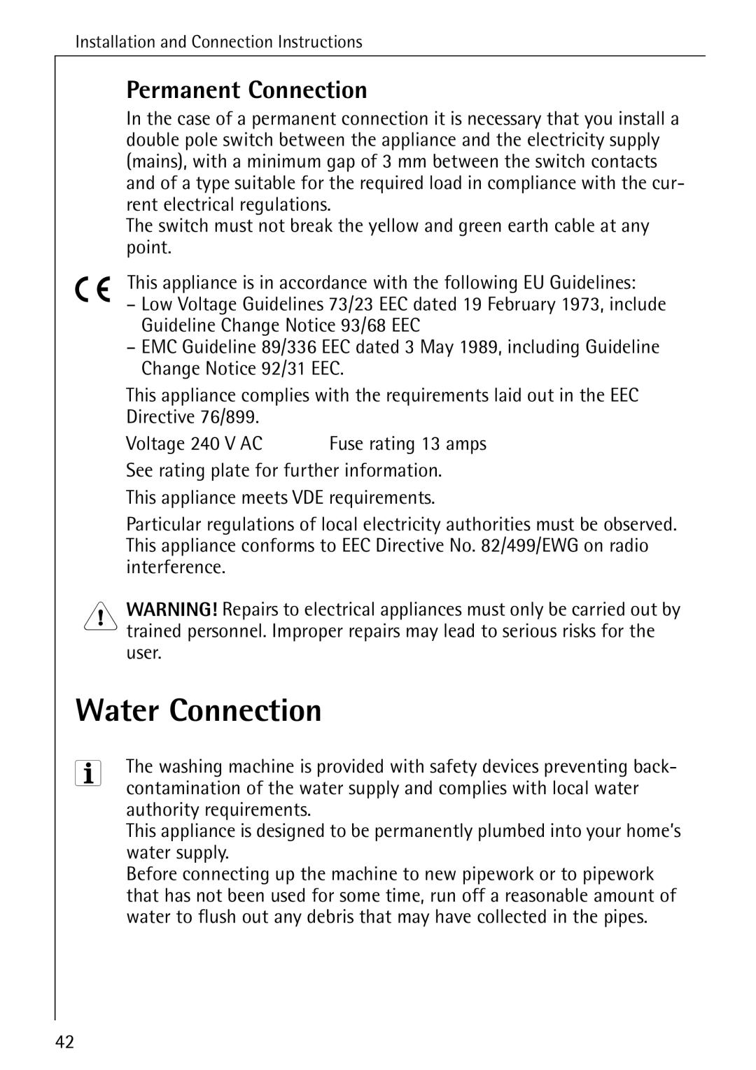 Electrolux 50620 manual Water Connection, Permanent Connection 