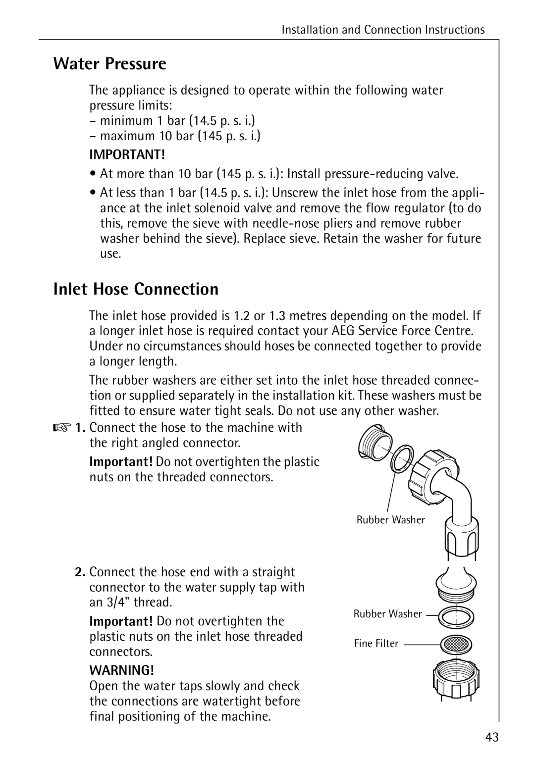 Electrolux 50620 manual Water Pressure, Inlet Hose Connection 