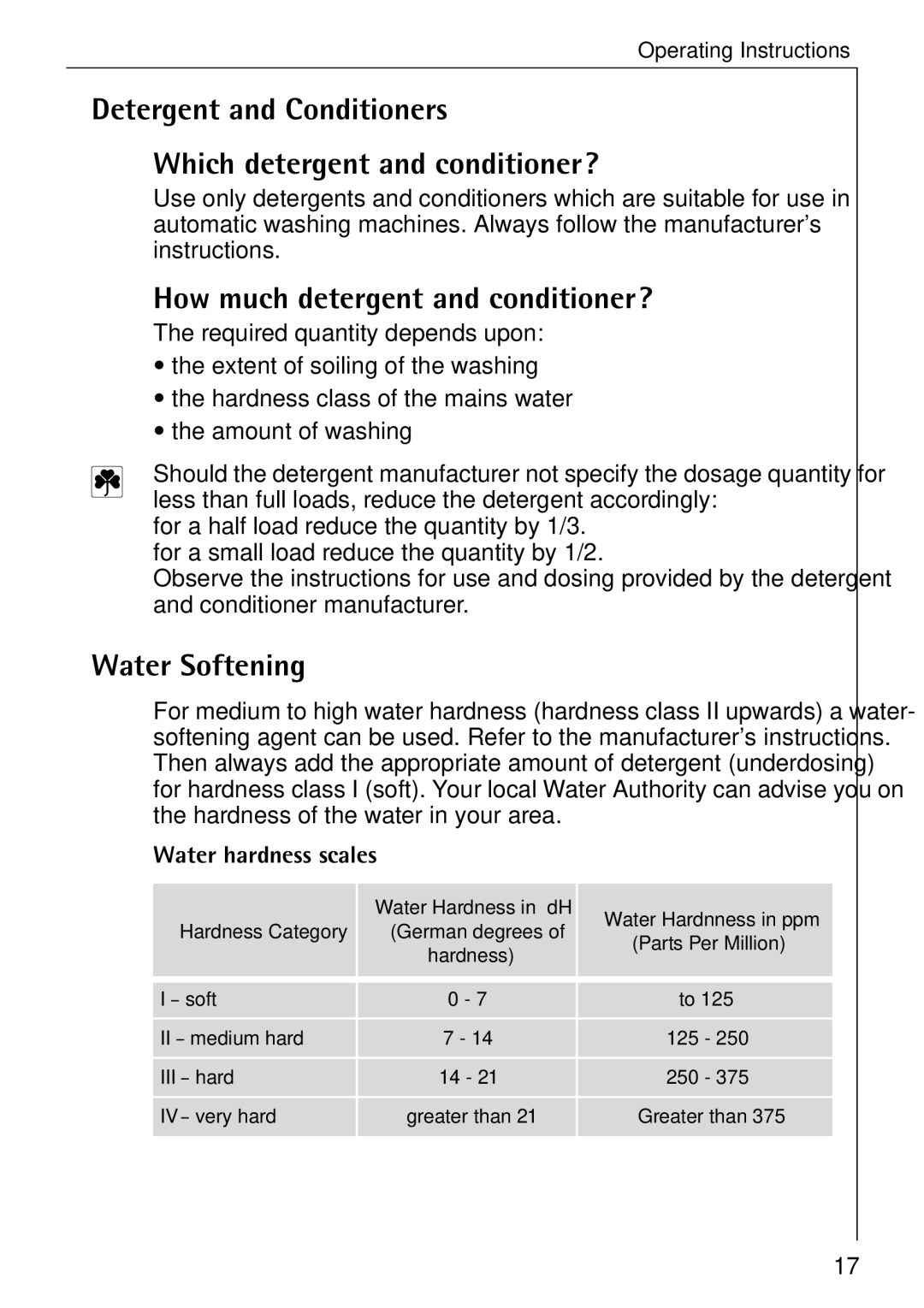 Electrolux 50630 manual Detergent and Conditioners Which detergent and conditioner?, How much detergent and conditioner? 