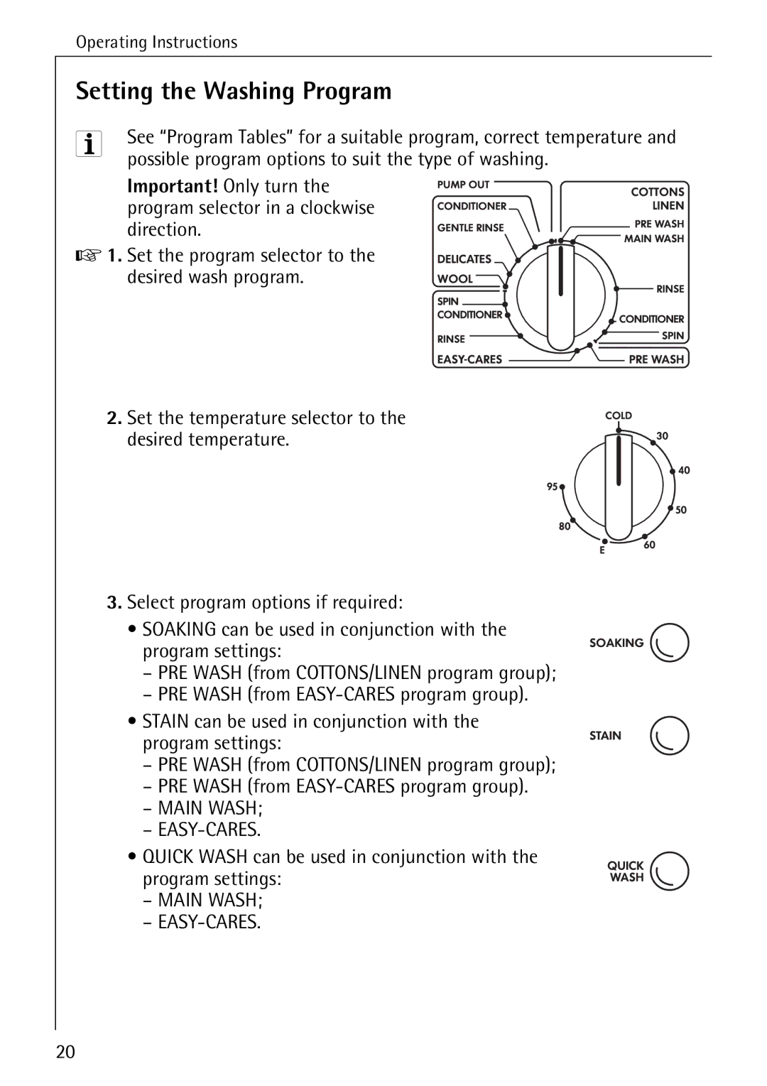 Electrolux 50630 manual Setting the Washing Program, Possible program options to suit the type of washing 