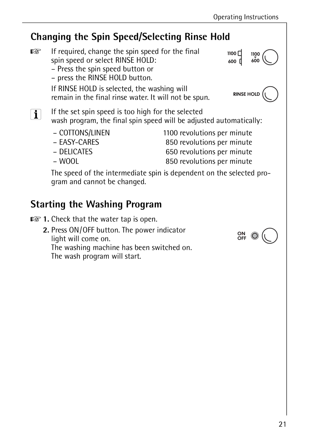 Electrolux 50630 manual Changing the Spin Speed/Selecting Rinse Hold, Starting the Washing Program 