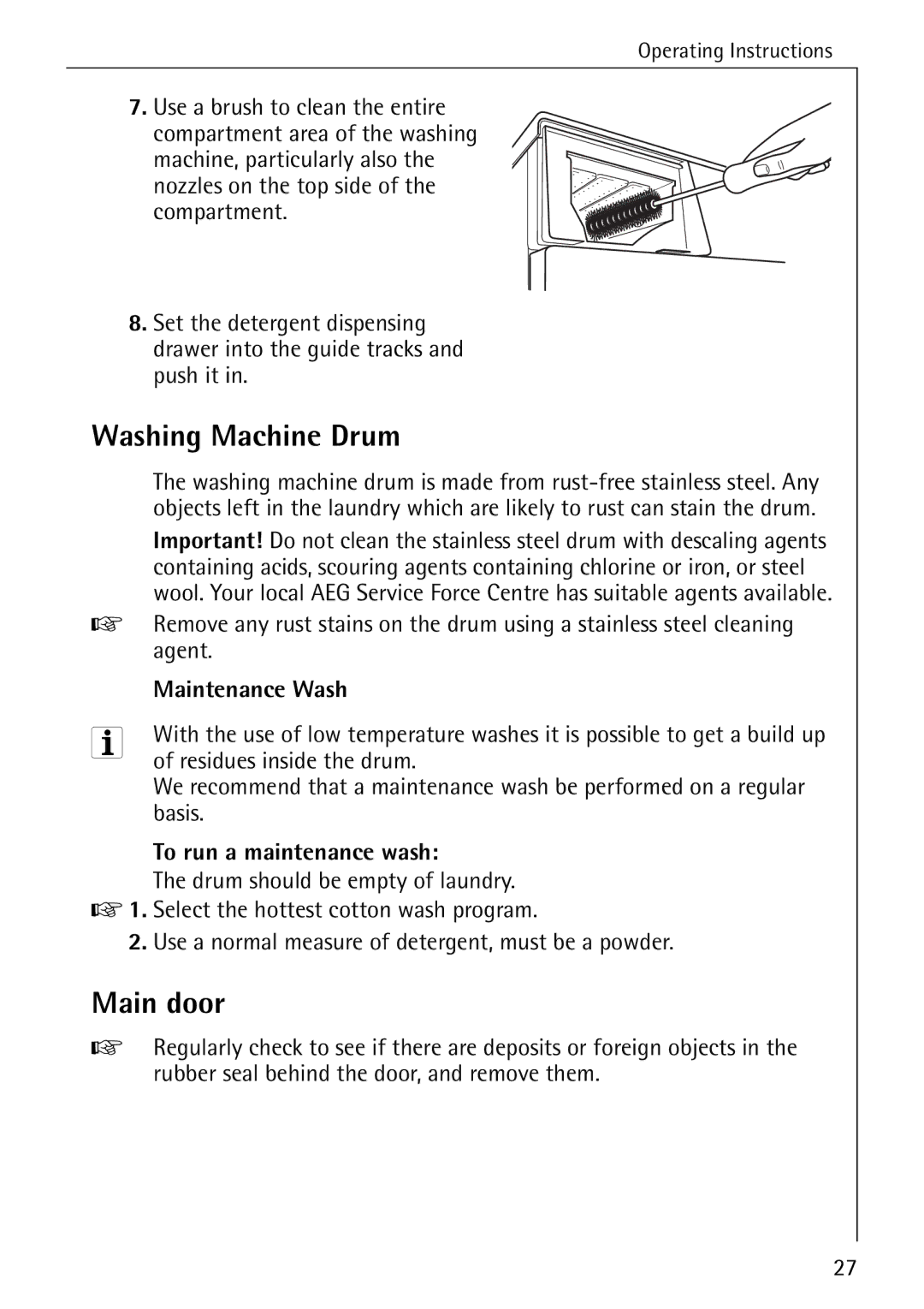 Electrolux 50630 manual Washing Machine Drum, Main door, Maintenance Wash, To run a maintenance wash 
