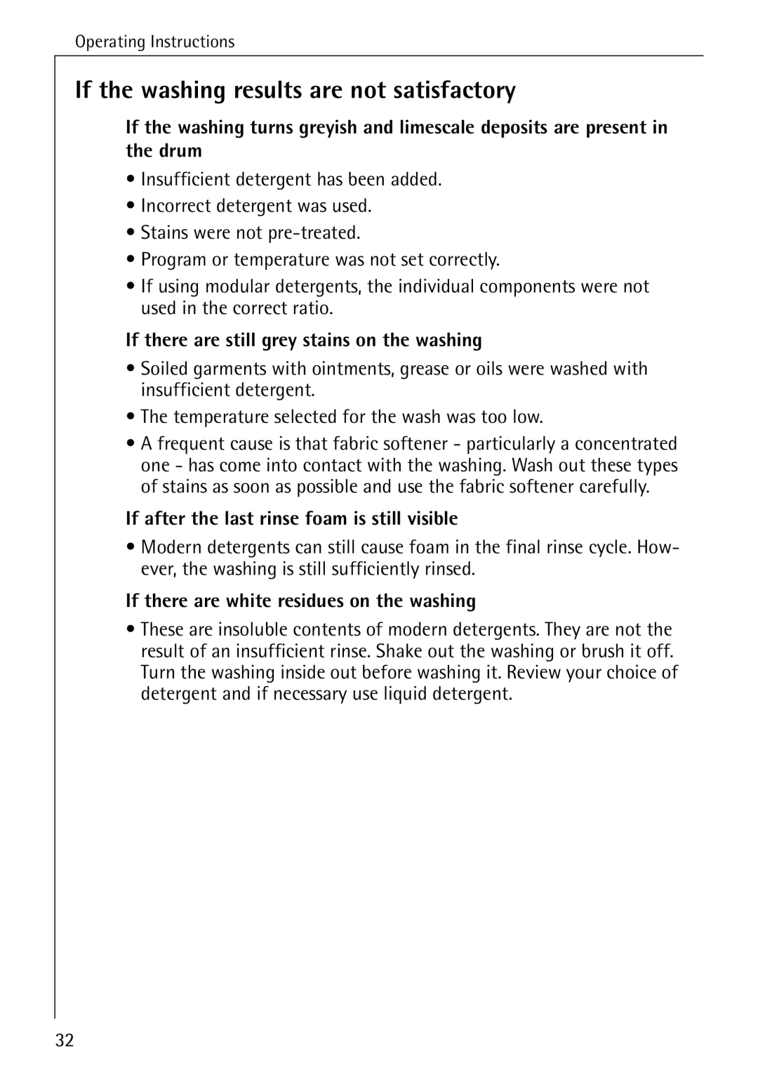 Electrolux 50630 manual If the washing results are not satisfactory, If there are still grey stains on the washing 