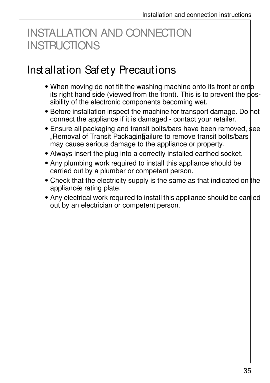 Electrolux 50630 manual Installation and Connection Instructions, Installation Safety Precautions 
