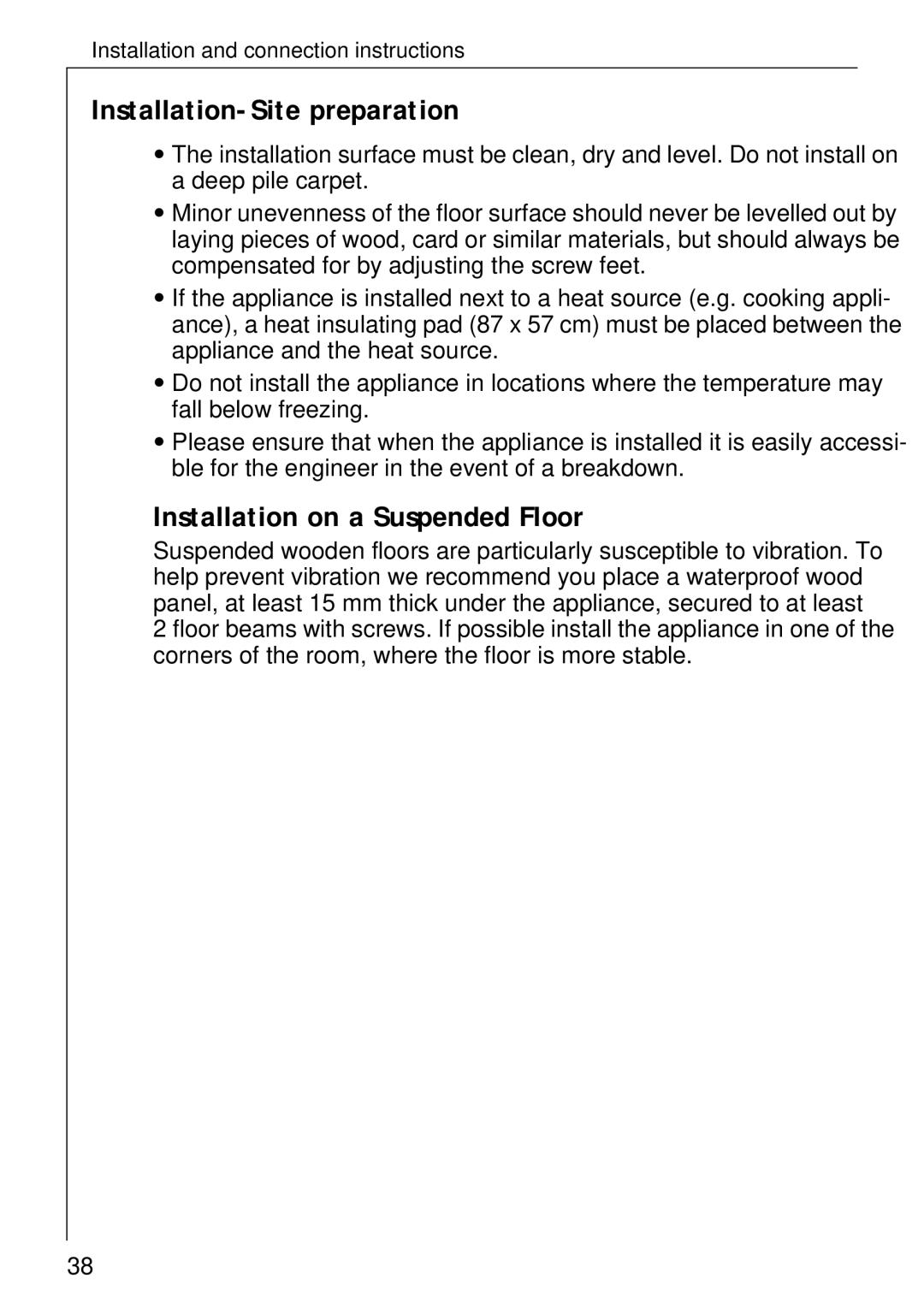 Electrolux 50630 manual Installation-Site preparation, Installation on a Suspended Floor 