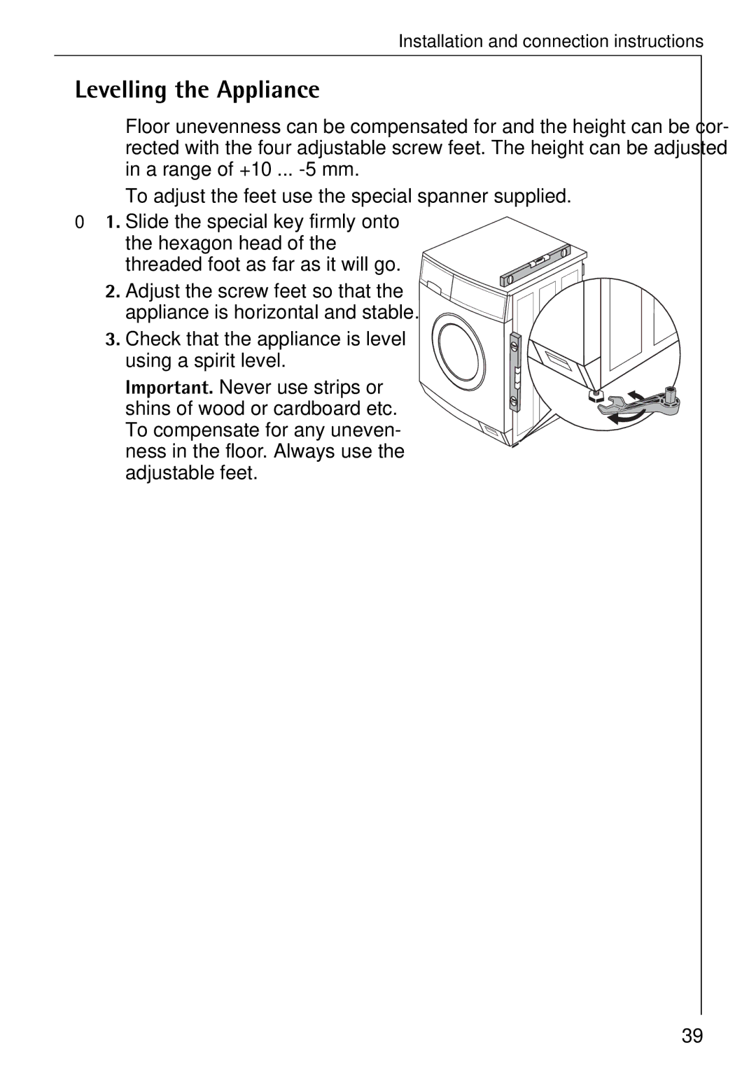 Electrolux 50630 manual Levelling the Appliance, Check that the appliance is level using a spirit level 