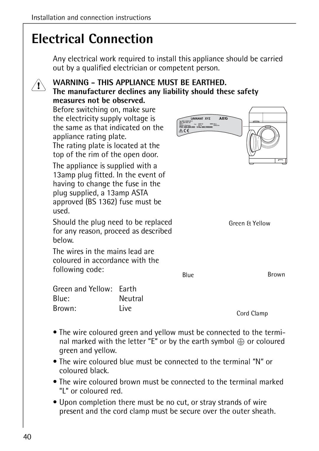 Electrolux 50630 manual Electrical Connection, Measures not be observed, Earth Blue Neutral Brown Live 
