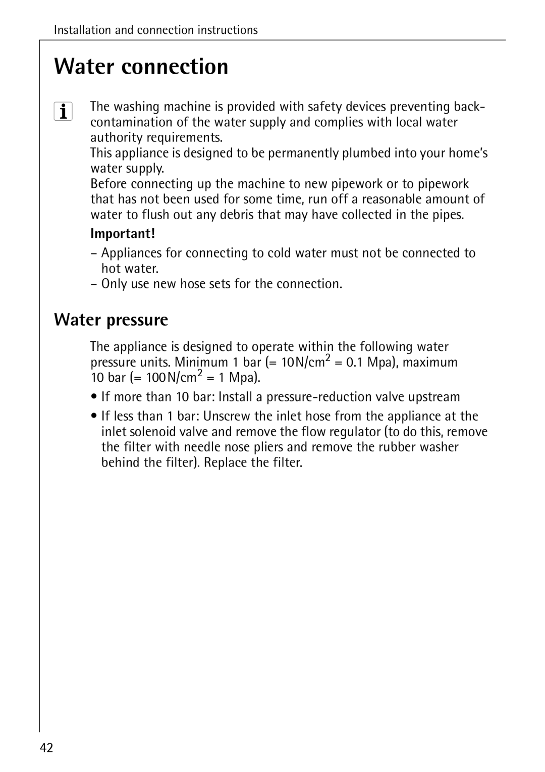 Electrolux 50630 manual Water connection, Water pressure 