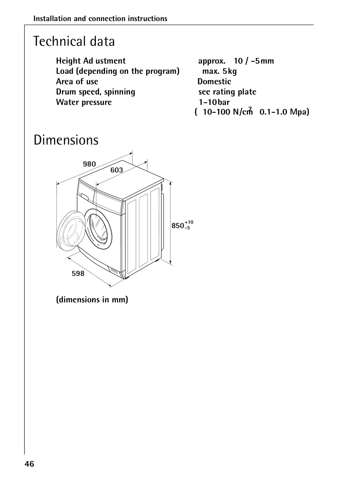 Electrolux 50630 manual Technical data, Dimensions in mm 