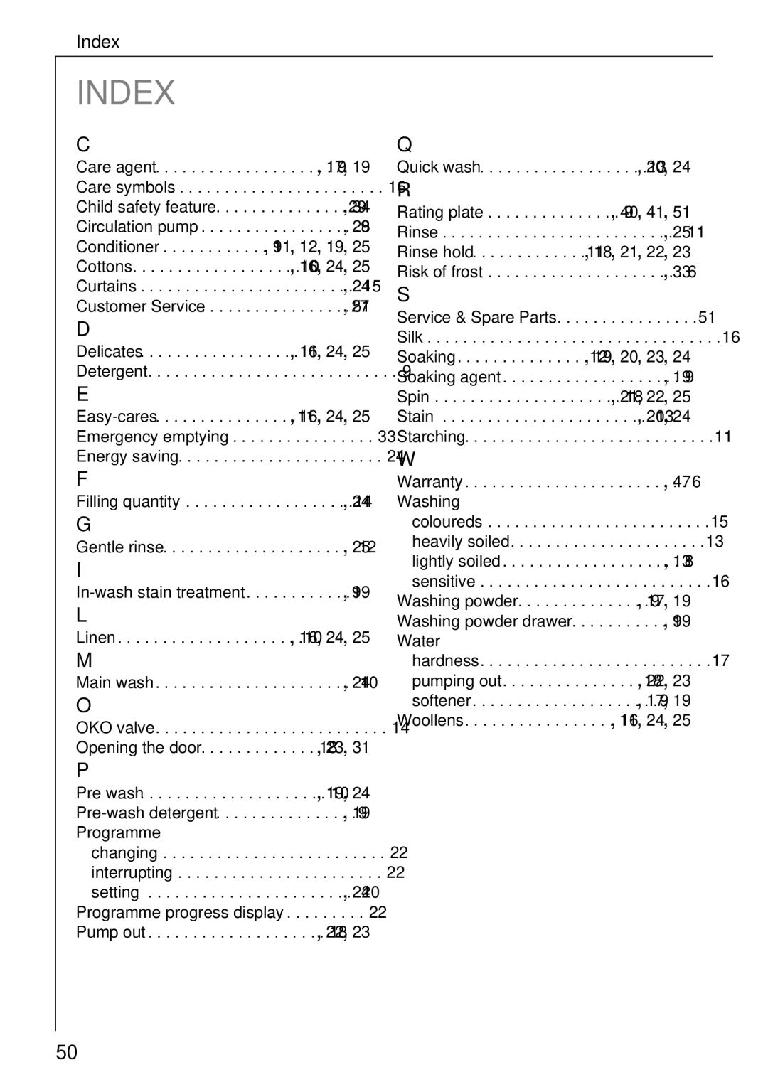 Electrolux 50630 manual Index 