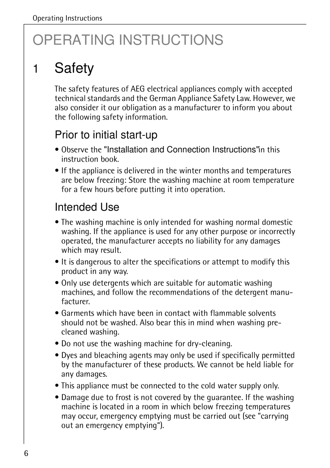 Electrolux 50630 manual Safety, Prior to initial start-up, Intended Use 