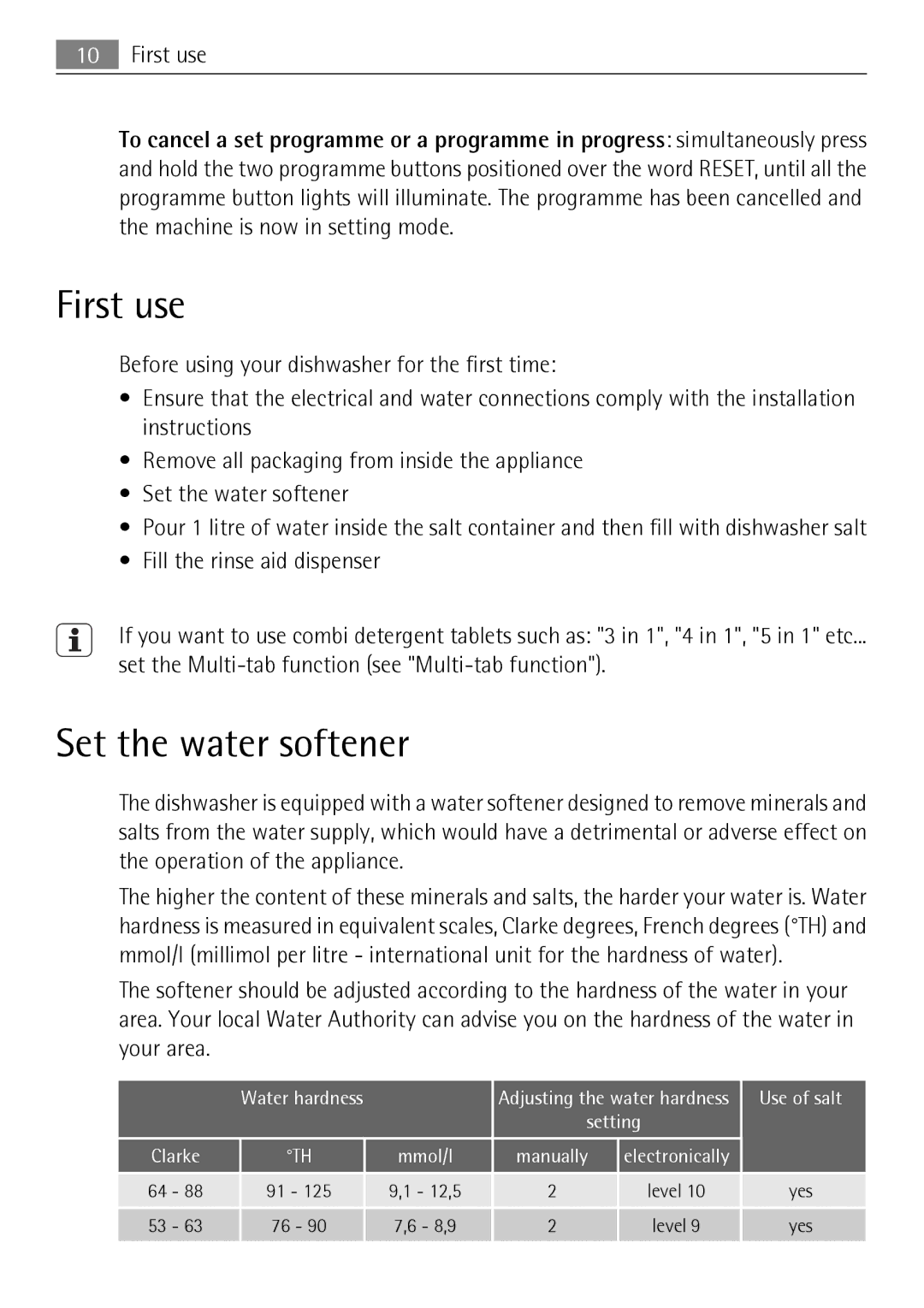 Electrolux 50674 user manual First use, Set the water softener 