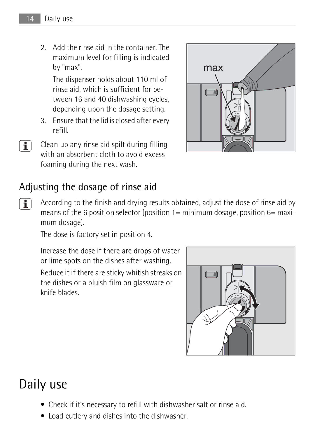 Electrolux 50674 user manual Daily use, Adjusting the dosage of rinse aid 