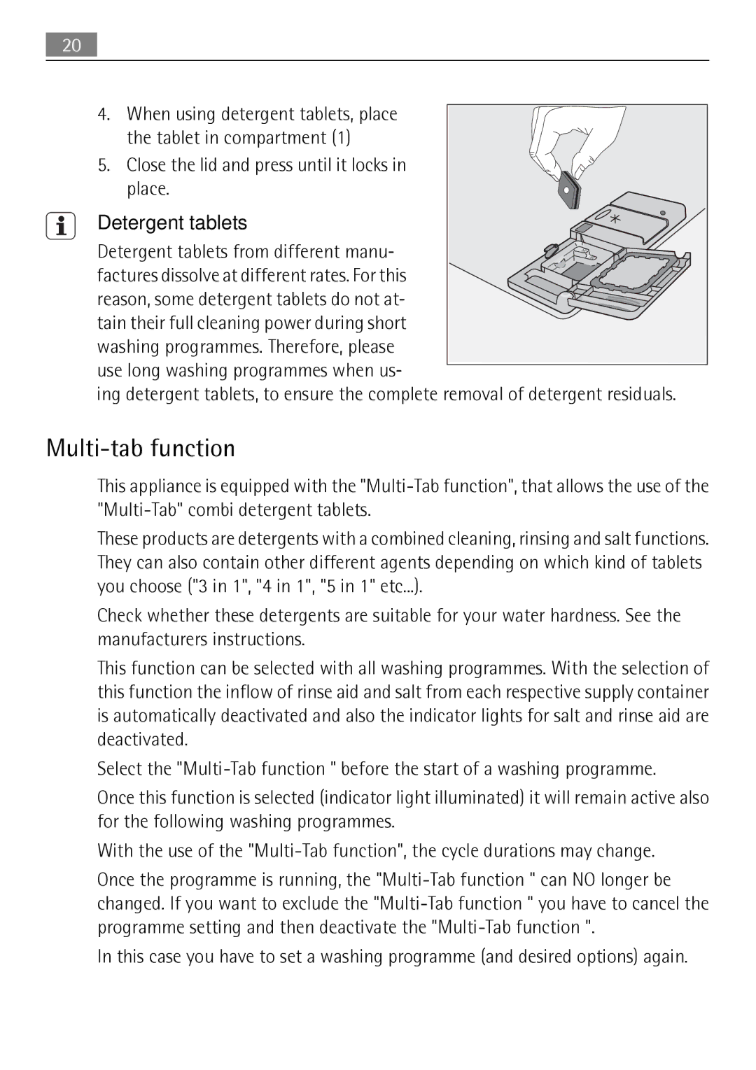 Electrolux 50674 user manual Multi-tab function, Detergent tablets 