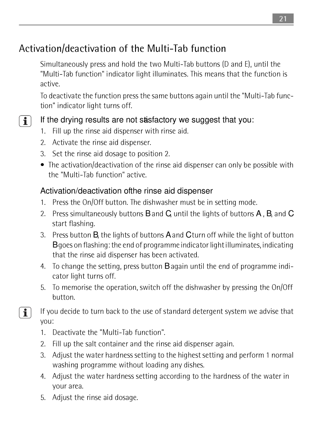 Electrolux 50674 Activation/deactivation of the Multi-Tab function, Activation/deactivation of the rinse aid dispenser 