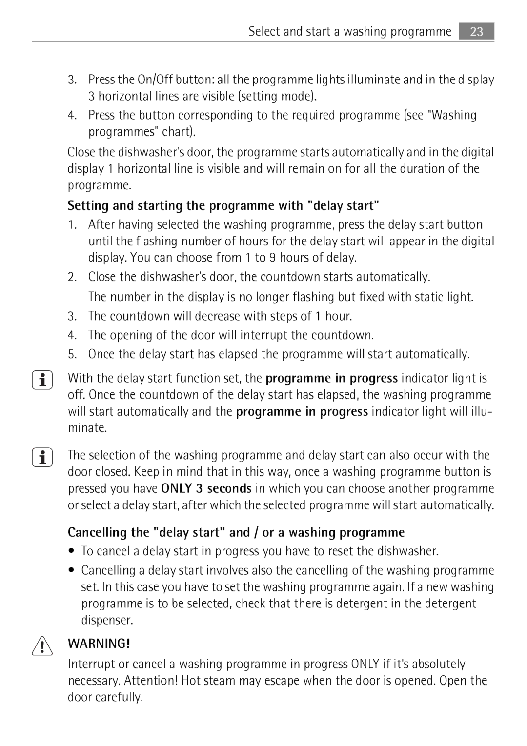 Electrolux 50674 user manual Setting and starting the programme with delay start 