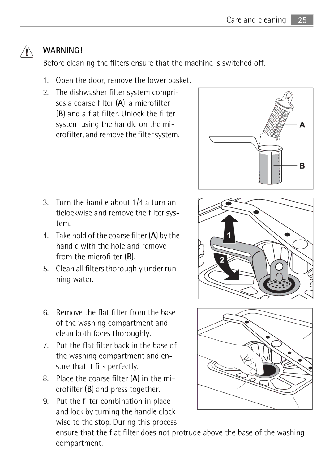 Electrolux 50674 user manual Clean all filters thoroughly under run- ning water 