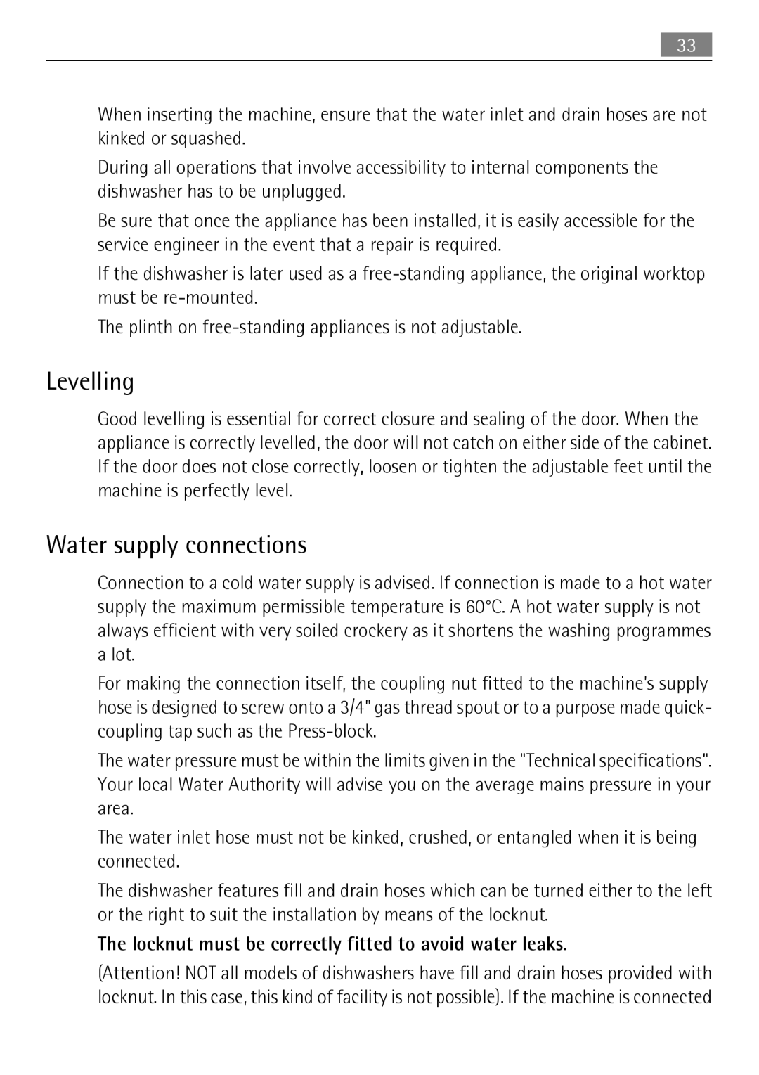 Electrolux 50674 user manual Levelling, Water supply connections, Locknut must be correctly fitted to avoid water leaks 