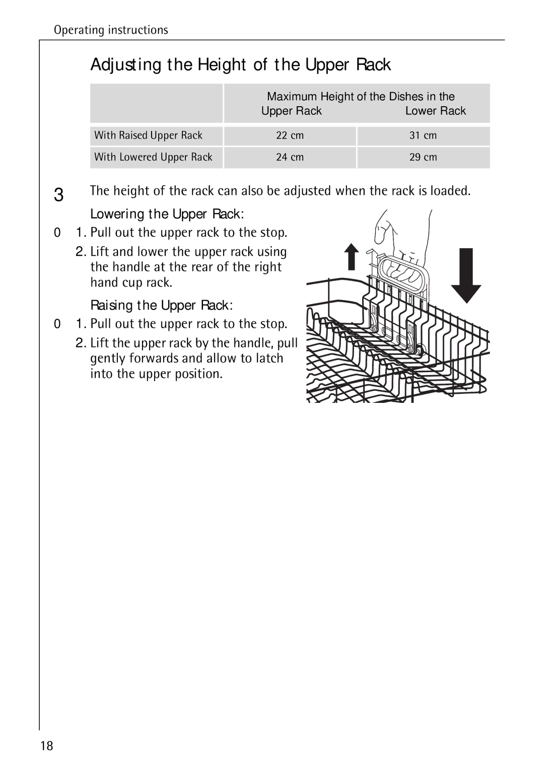 Electrolux 5070 manual Adjusting the Height of the Upper Rack, Lowering the Upper Rack, Raising the Upper Rack 