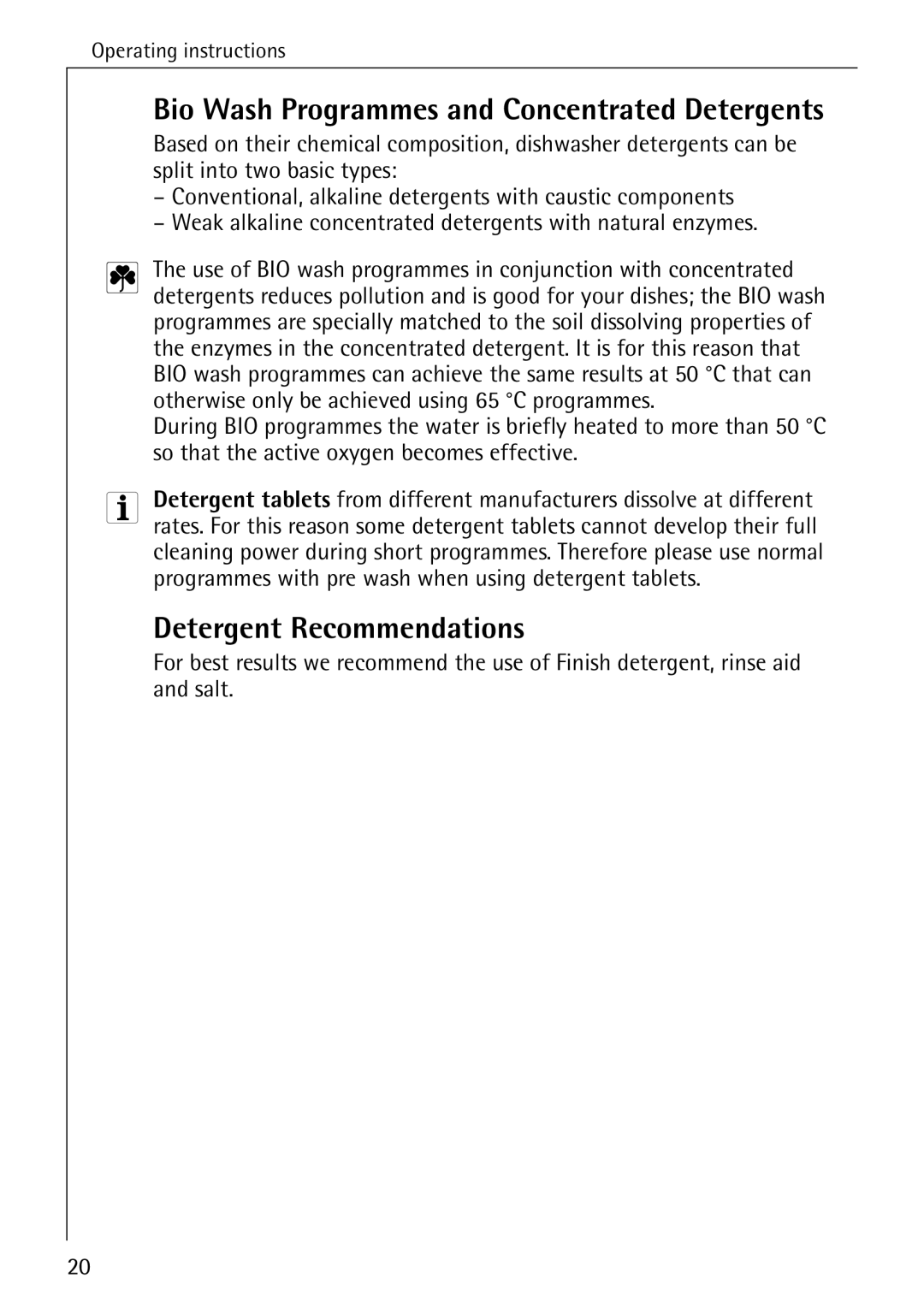 Electrolux 5070 manual Bio Wash Programmes and Concentrated Detergents, Detergent Recommendations 