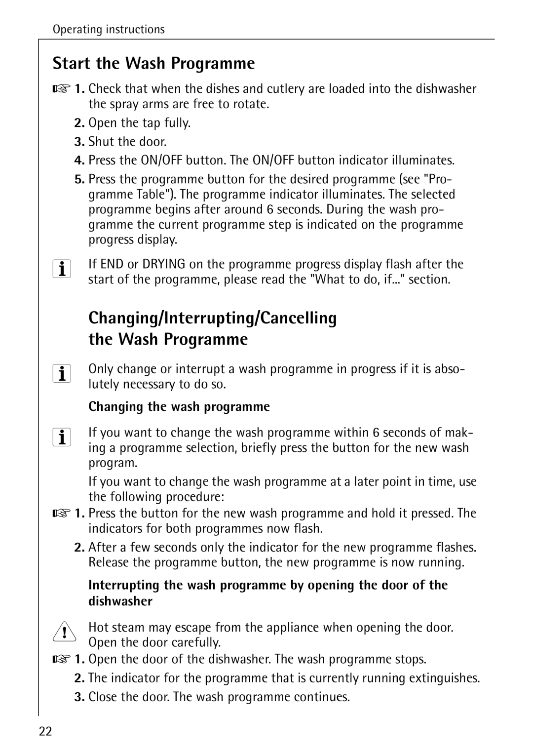 Electrolux 5070 manual Start the Wash Programme, Changing/Interrupting/Cancelling, Changing the wash programme 