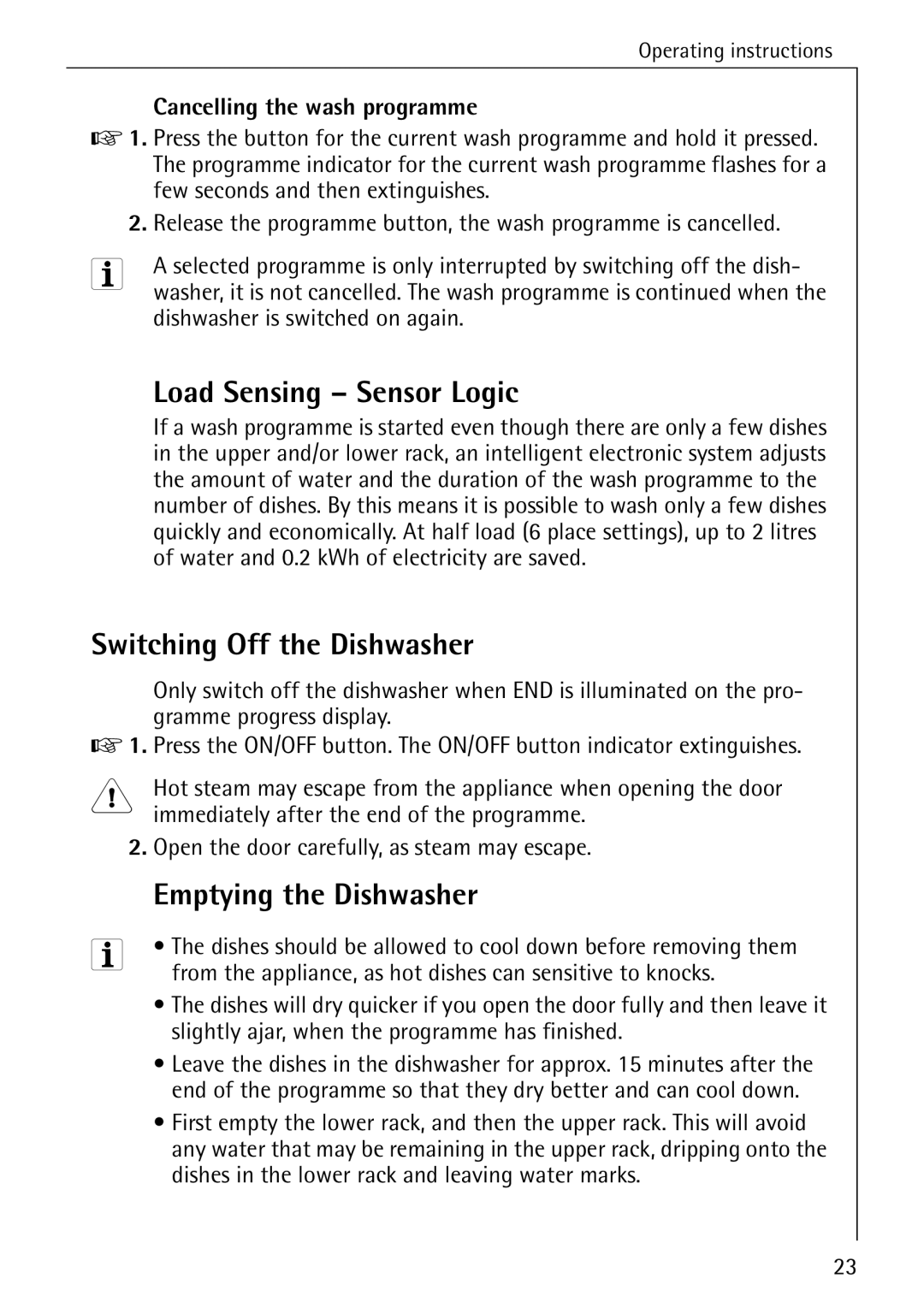 Electrolux 5070 manual Load Sensing Sensor Logic, Switching Off the Dishwasher, Emptying the Dishwasher 