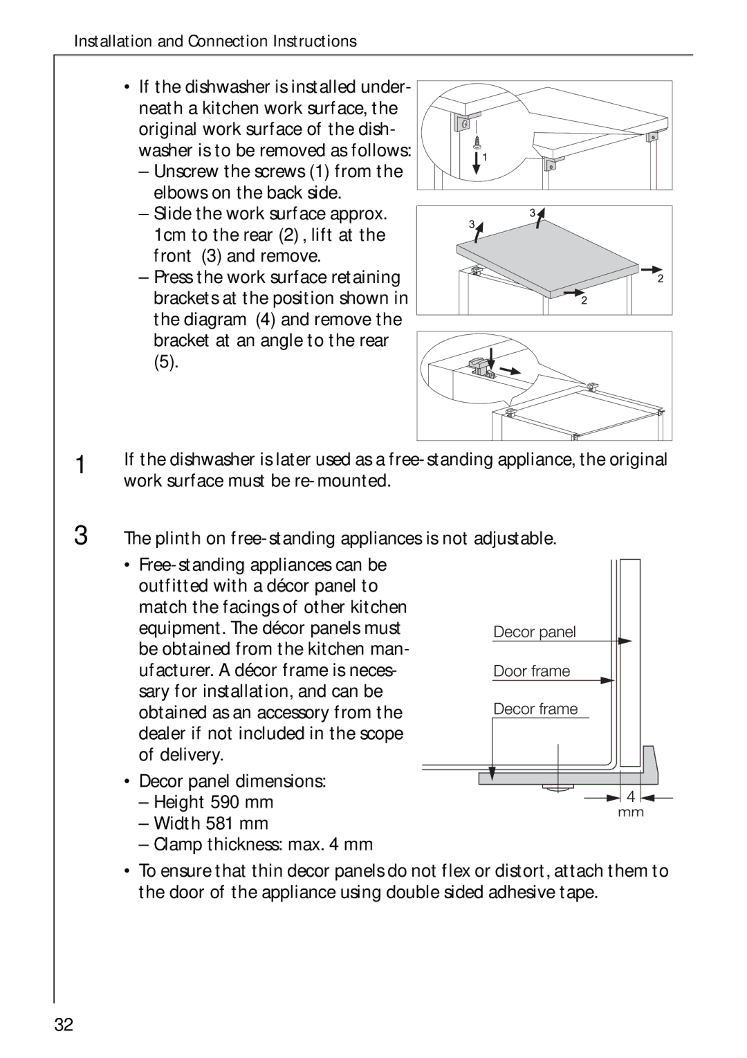 Electrolux 5070 manual Work surface must be re-mounted, Plinth on free-standing appliances is not adjustable 