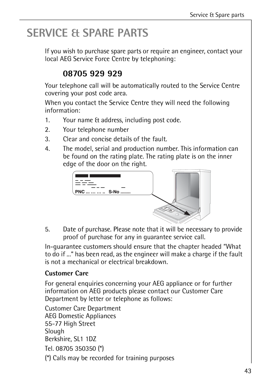 Electrolux 5070 manual 08705 929, Customer Care, Calls may be recorded for training purposes 